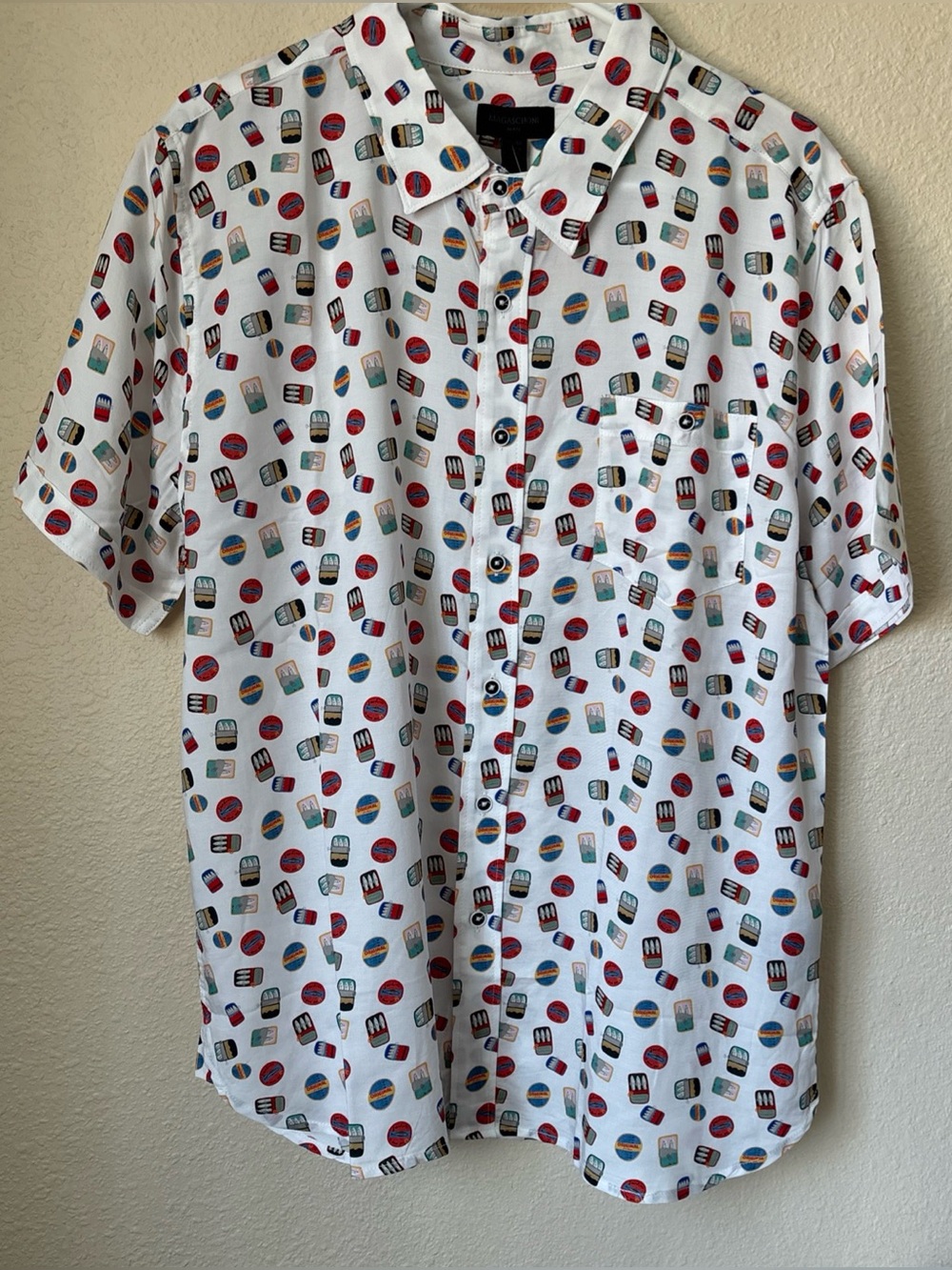 Magaschoni White Short-Sleeve Button-Down with Red, Blue & Black Print